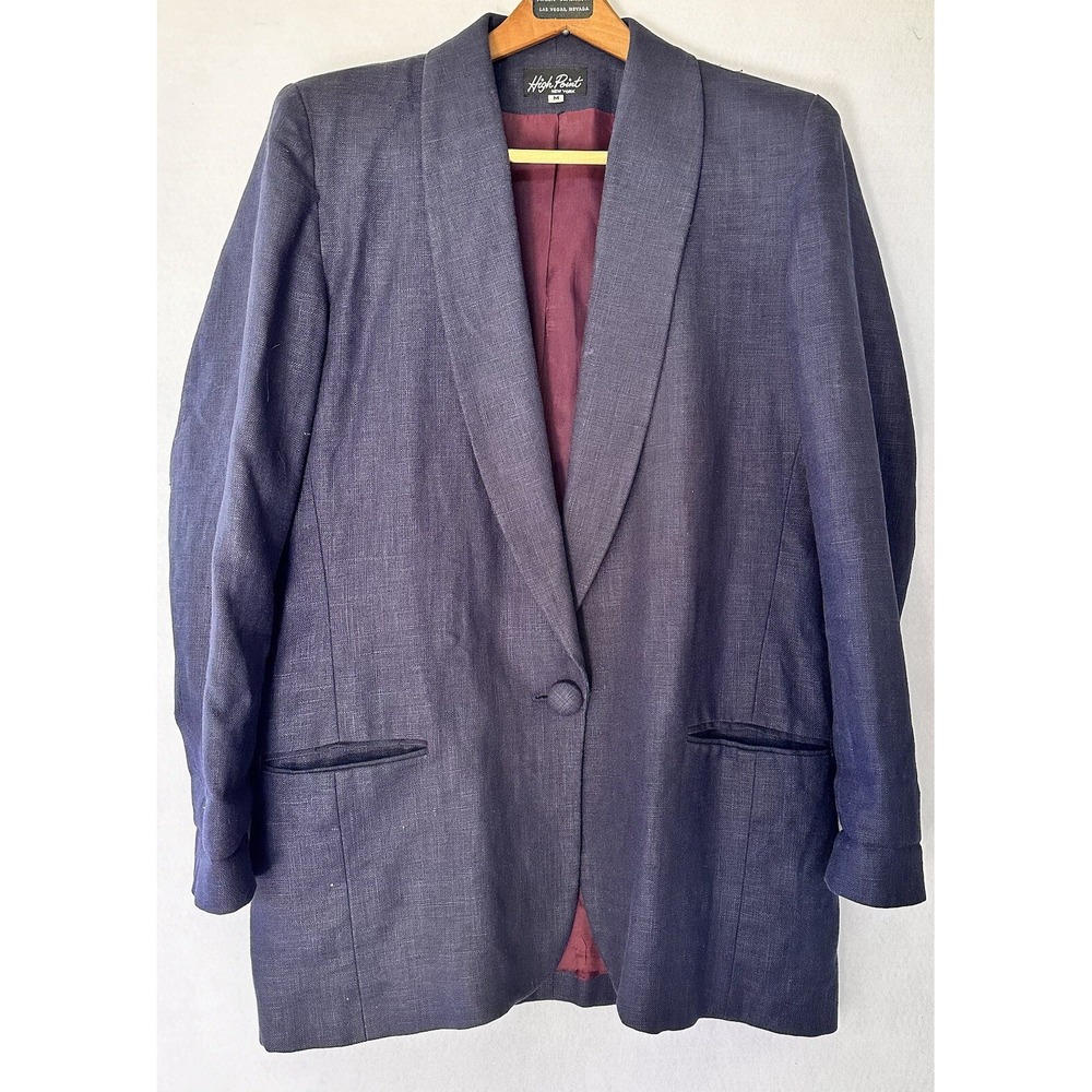 High Point Blazer Vintage Linen Shoulder Pads Womens M Blue Excellent
